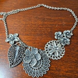 Antiqued Silver Floral Necklace